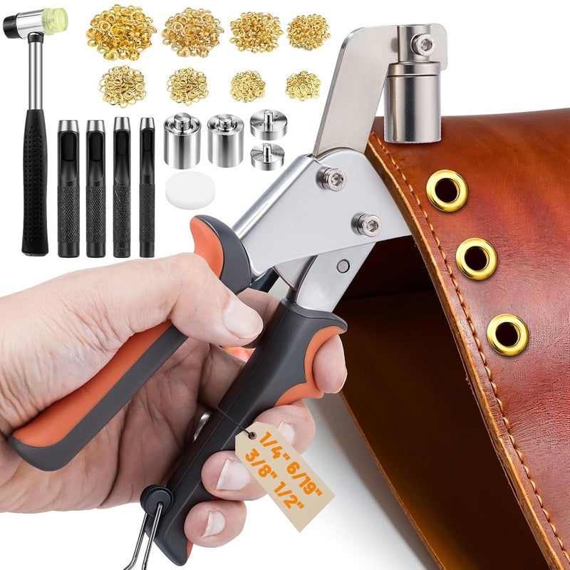 Dntorx Grommet Tool Kit, 1/2″, 1/4″, 6/19″, 3/8″ Grommets Heavy Duty Grommet Kit 1000 Metal Eyelets and Grommets in Gold Grommet Eyelet Pliers Kit Eyelet Tool for Fabric,Leather,Belt,Shoes,Clothes - Image 1